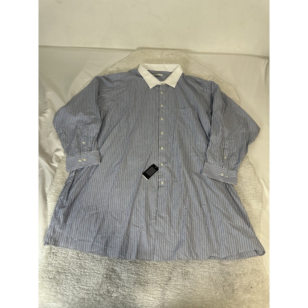 GEOFFREY BEENE Blue Stripe Dress Shirt Band Collar Men Size 22 35/36